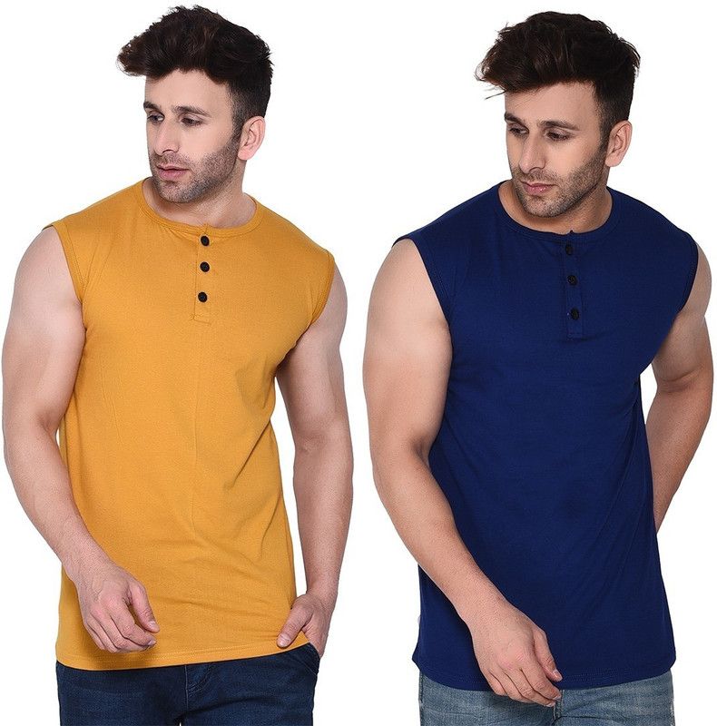 Pack of 2 Men Solid Round Neck Cotton Blend Gold, Blue T-Shirt