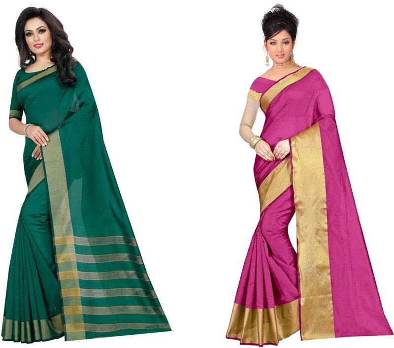 Solid/Plain, Striped Maheshwari Cotton Silk Saree  (Pack of 2, Green, Pink)