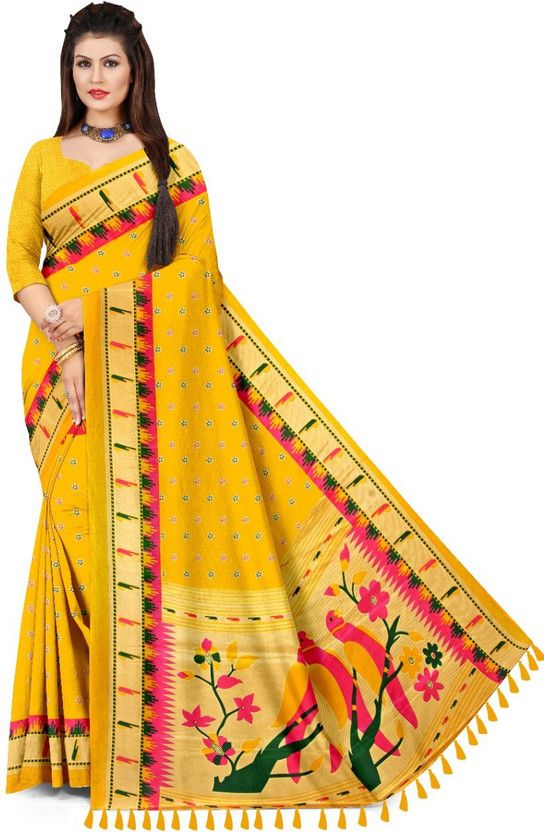 Polka Print Patola Art Silk Saree  (Yellow)