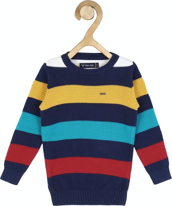 Boys Colorblock Round Neck Dark Blue Sweater