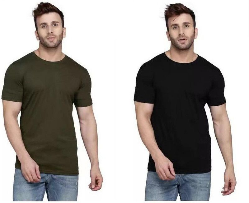 Pack of 2 Men Solid Round Neck Cotton Blend Dark Green, Black T-Shirt