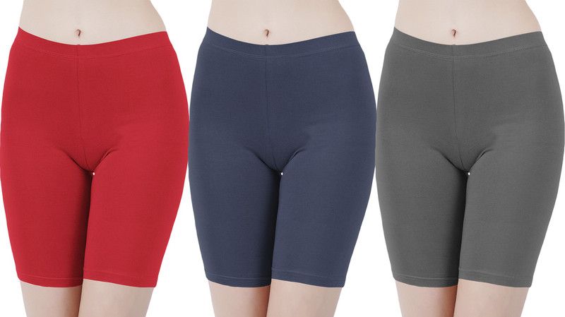 Pack of 3 Solid Women Red, Blue, Grey Cycling Shorts