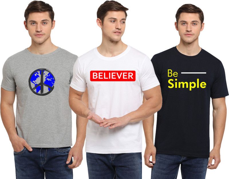 Pack of 3 Men Printed Round Neck Pure Cotton Grey T-Shirt