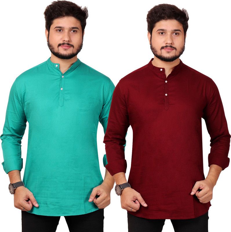 Pack of 2 Men Solid Cotton Blend Straight Kurta  (Green, Maroon)