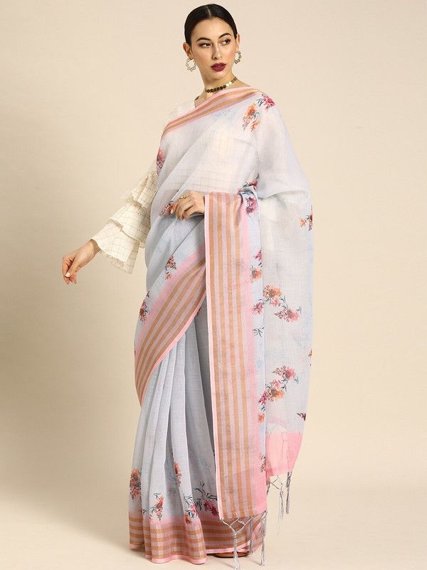 Printed Bhagalpuri Cotton Linen Saree  (Grey)