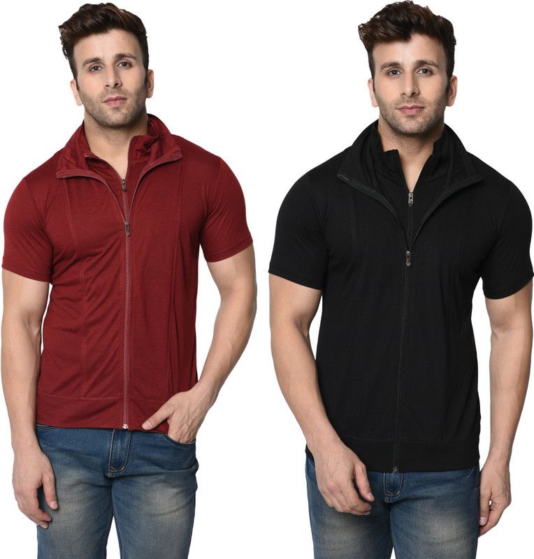 Pack of 2 Men Self Design Polo Neck Cotton Blend Maroon, Black T-Shirt