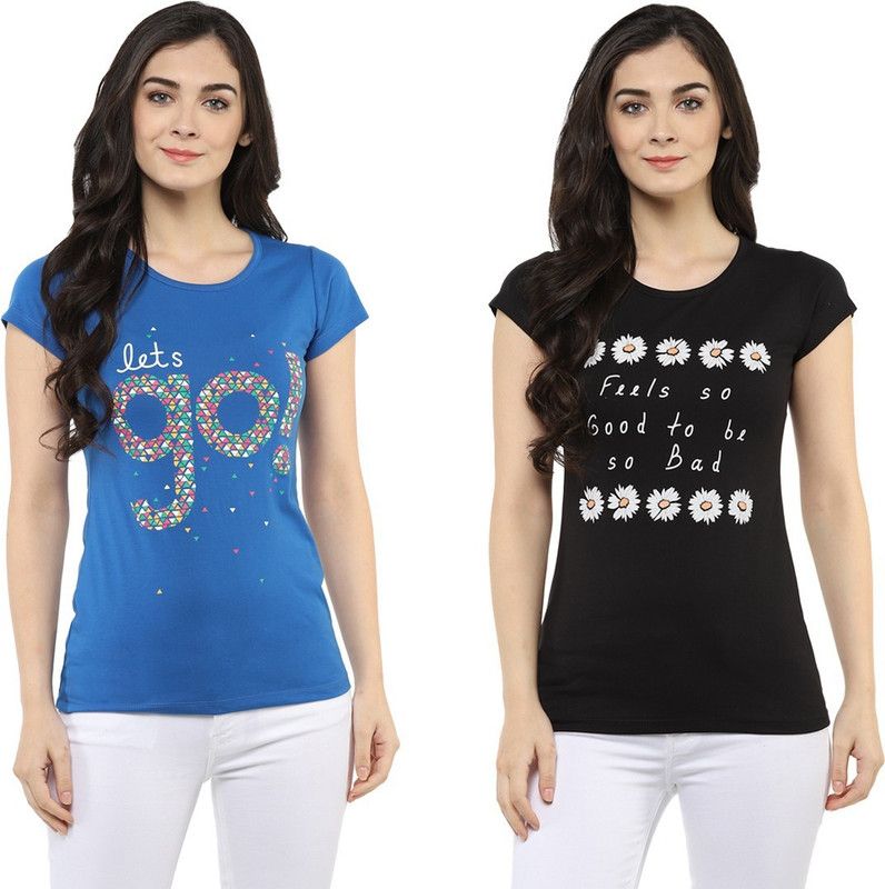 Pack of 2 Women Conversational Round Neck Cotton Blend Multicolor T-Shirt