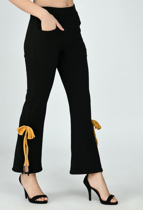 Women Regular Fit, Flared, Relaxed Black Cotton Blend Trousers