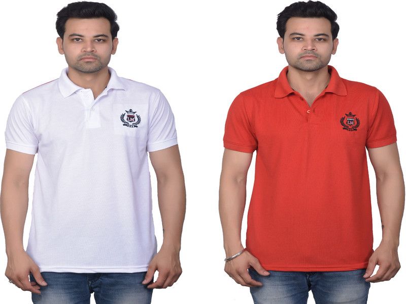 Pack of 2 Men Self Design, Solid Polo Neck Cotton Blend Red, White T-Shirt