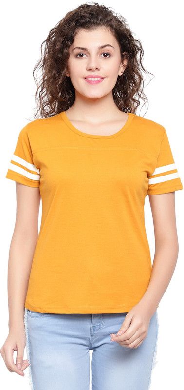 Women Round Neck Half Sleeve Yellow Striped Printed T-shirt Women Solid Round Neck Cotton Blend Yellow T-Shirt