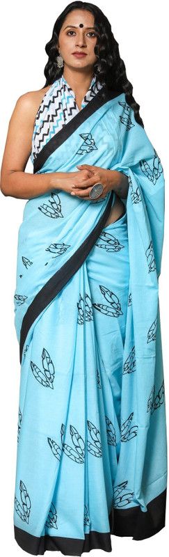 Color Block, Blocked Printed, Floral Print Daily Wear Pure Cotton Saree  (Light Blue)