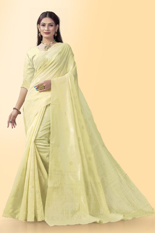Woven Jamdani Pure Silk, Cotton Silk Saree  (Yellow)