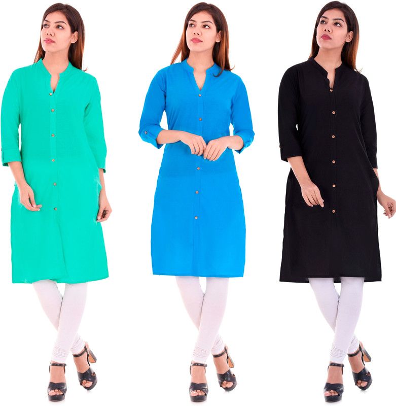 Pack of 3 Women Solid Pure Cotton Frontslit Kurta  (Multicolor)