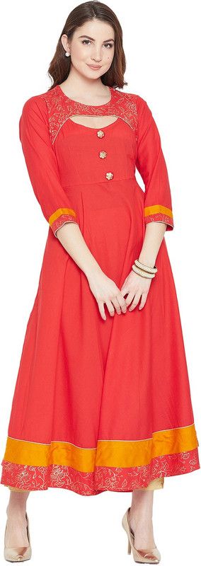 Women Solid Pure Cotton Anarkali Kurta  (Red)