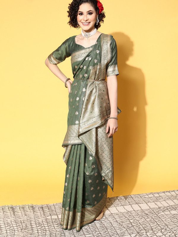 Floral Print Banarasi Cotton Silk Saree  (Green)