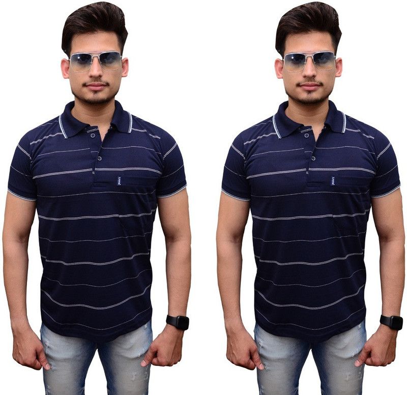 Pack of 2 Men Striped Polo Neck Cotton Blend Navy Blue T-Shirt