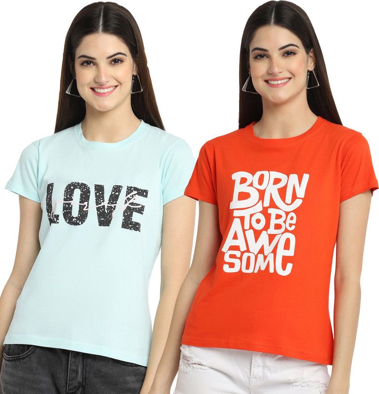 Printed Women Blue, Red T-Shirt  (Pack of 2)