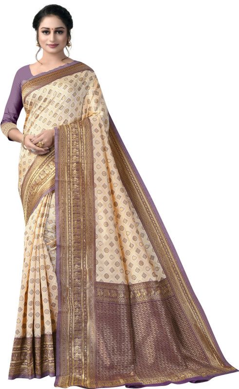 Printed Banarasi Silk Blend Saree  (Cream)