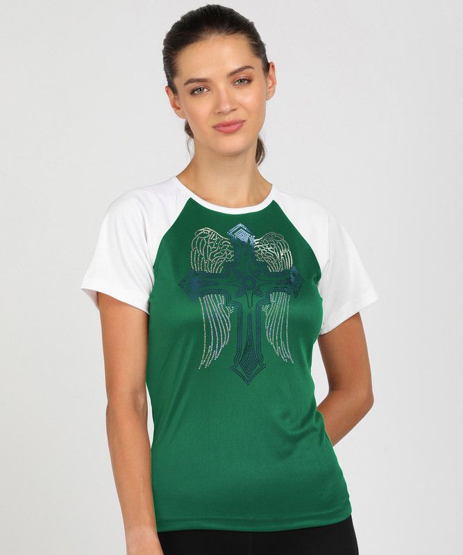 Women Printed Round Neck Polyester Green, White T-Shirt