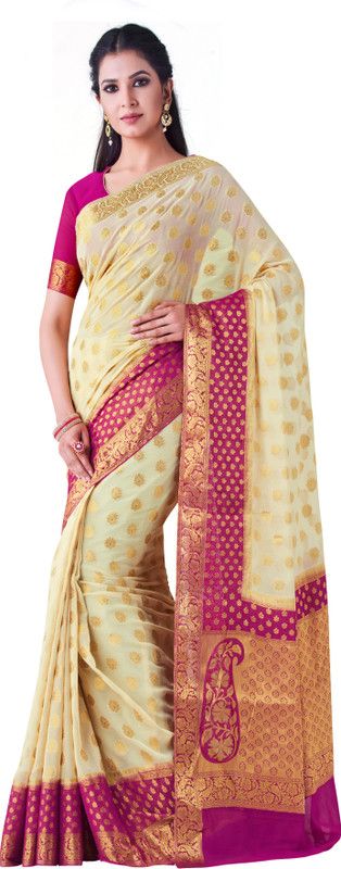 Self Design Banarasi Chiffon Saree  (Beige)
