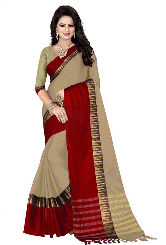 Woven Kovai Cotton Silk Saree  (Red, Beige)