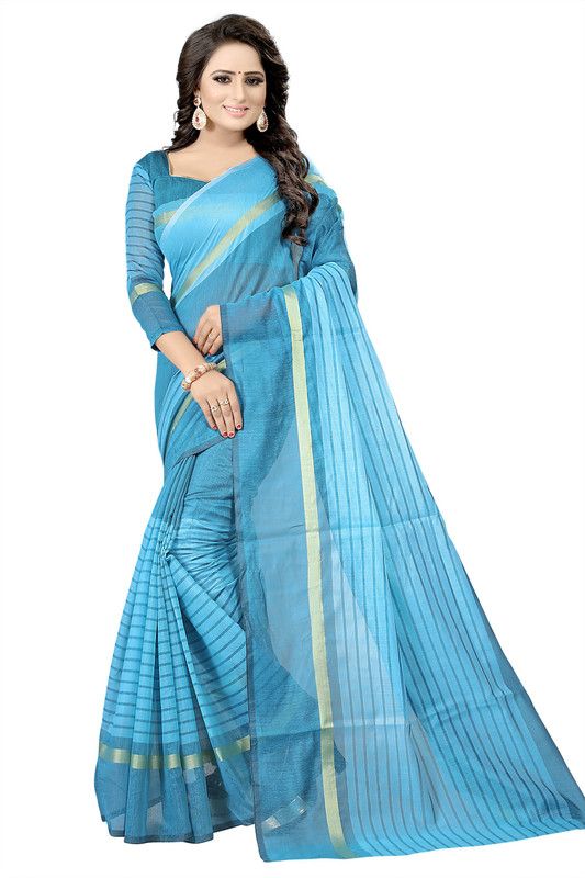 Striped Mysore Cotton Silk Saree  (Light Blue)