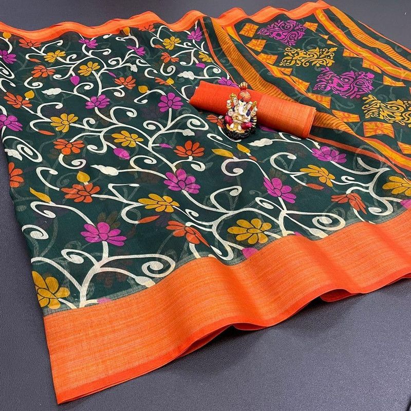 Floral Print Daily Wear Cotton Silk Saree  (Orange)