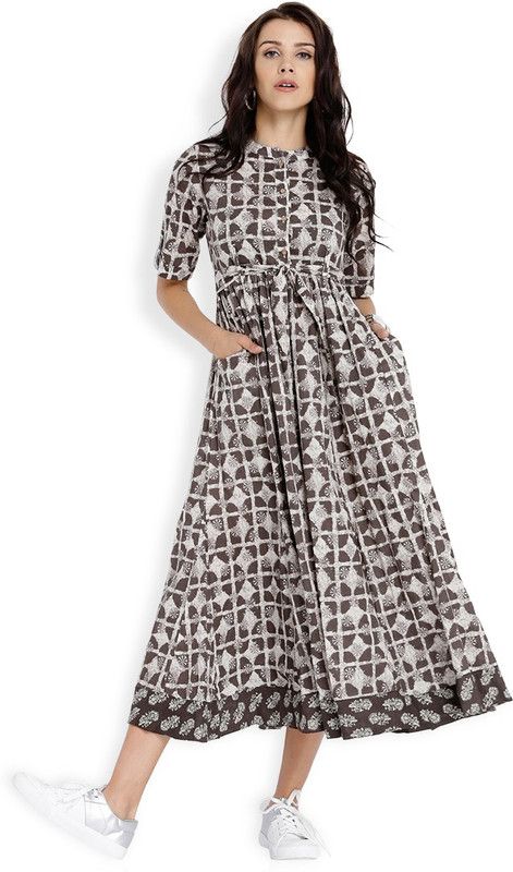 Women Printed Cotton Blend Anarkali Kurta  (Brown, Beige)
