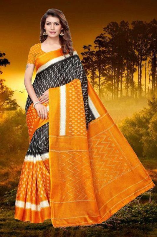 Printed Bhagalpuri Art Silk Saree  (Black, Mustard)