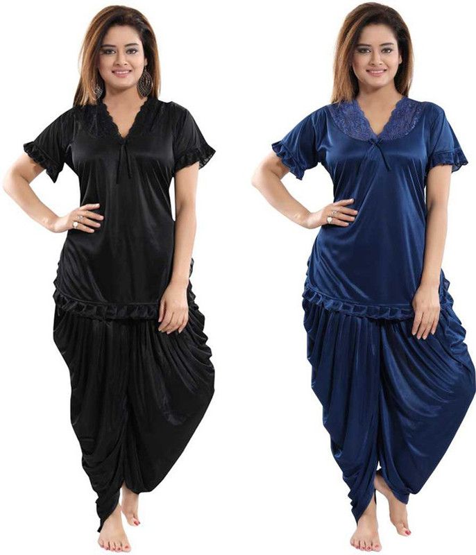 Pack of 2 Women Nighty Set  (Black, Dark Blue)