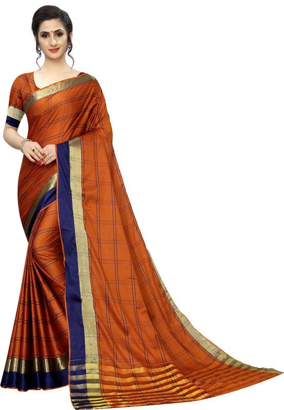 Checkered Bollywood Art Silk, Cotton Silk Saree  (Brown)