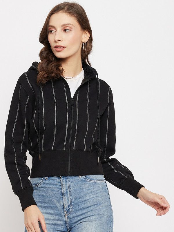 Women Full Sleeve Striped Reversible Hooded Sweatshirt