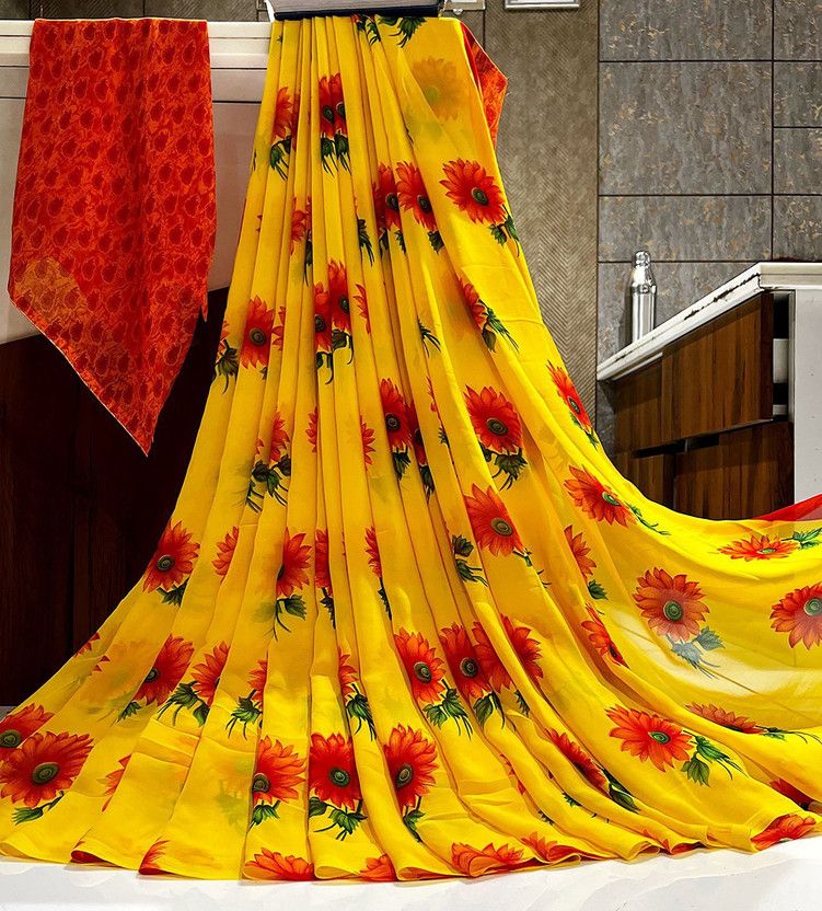 Printed Jamdani Georgette, Chiffon Saree  (Pack of 2, Orange, Yellow)