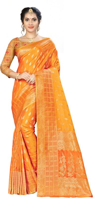 Woven Kanjivaram Silk Blend Saree  (Yellow)