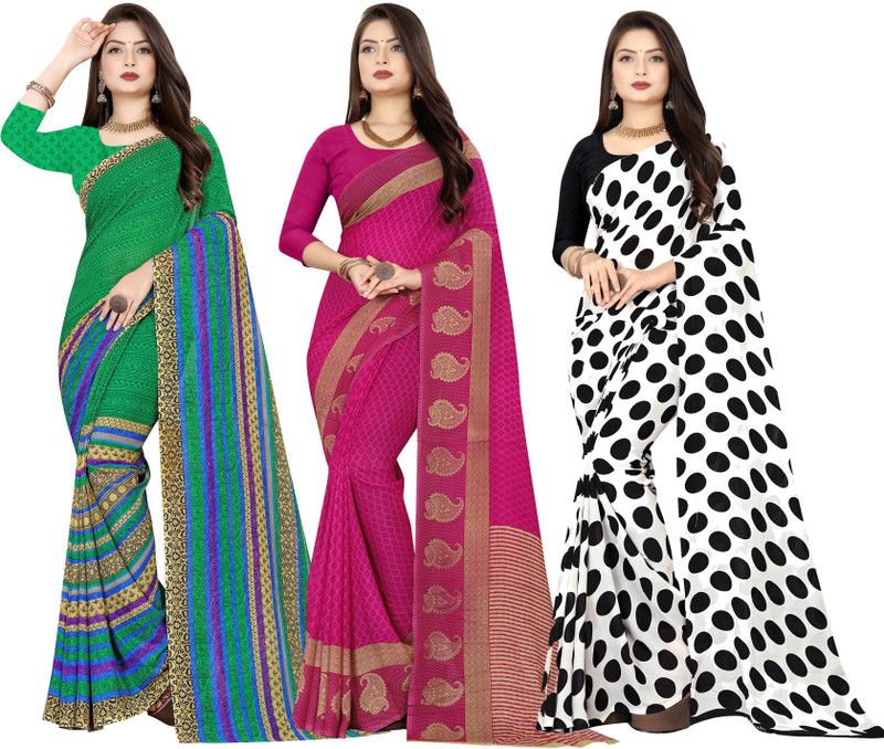 Printed Daily Wear Georgette Saree  (Pack of 3, Green, Pink, Black)