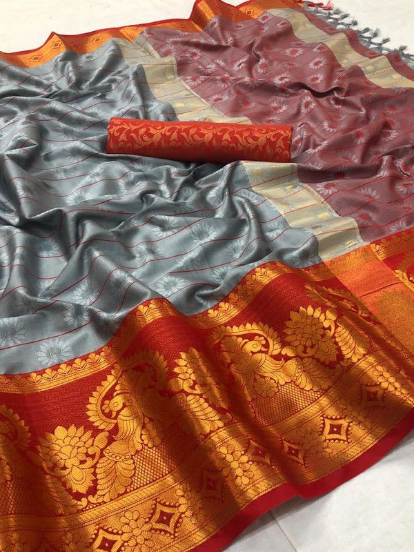 Banarasi Cotton Silk Saree  (Grey)