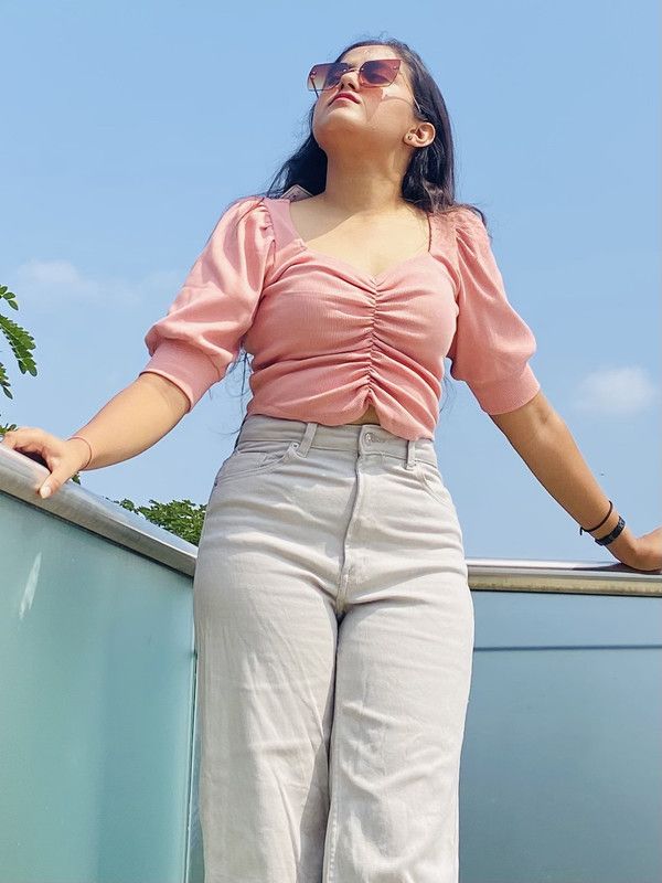 Casual Puff Sleeves Solid Women Pink Top