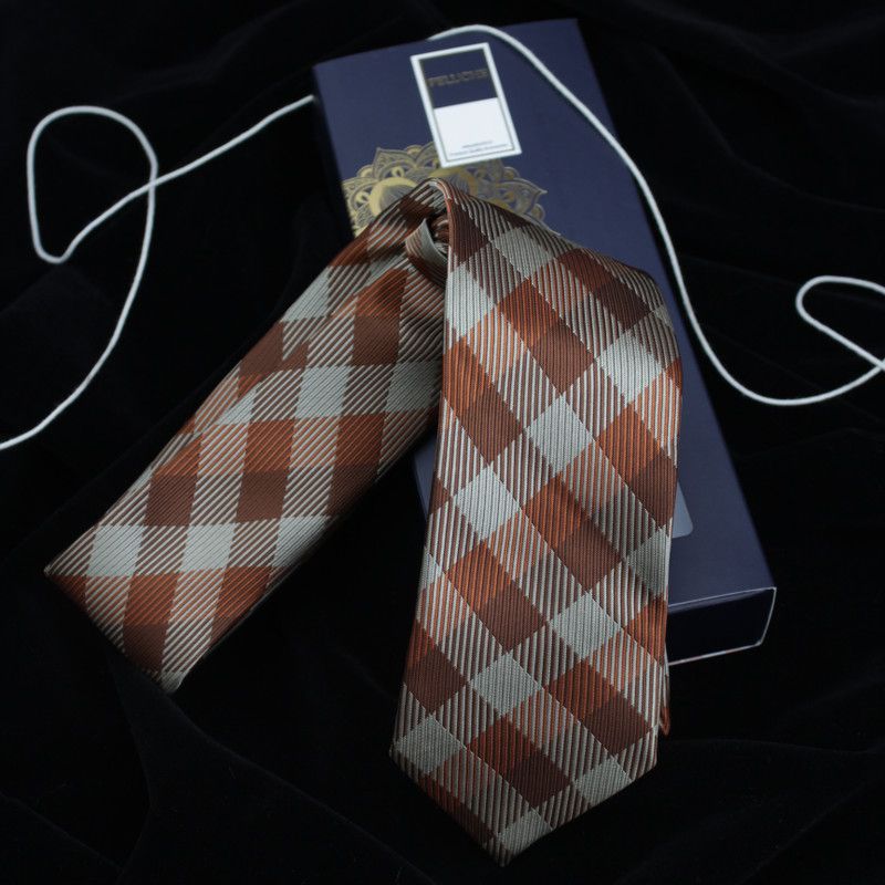 PELUCHE The Striped Check Beige Colored Microfiber Neck Checkered Men Tie