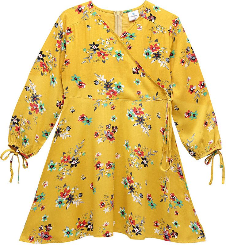 Girls Above Knee Casual Dress  (Yellow, 3/4 Sleeve)