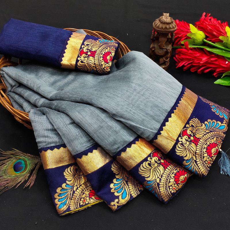 Self Design Jamdani Chanderi Saree  (Grey)
