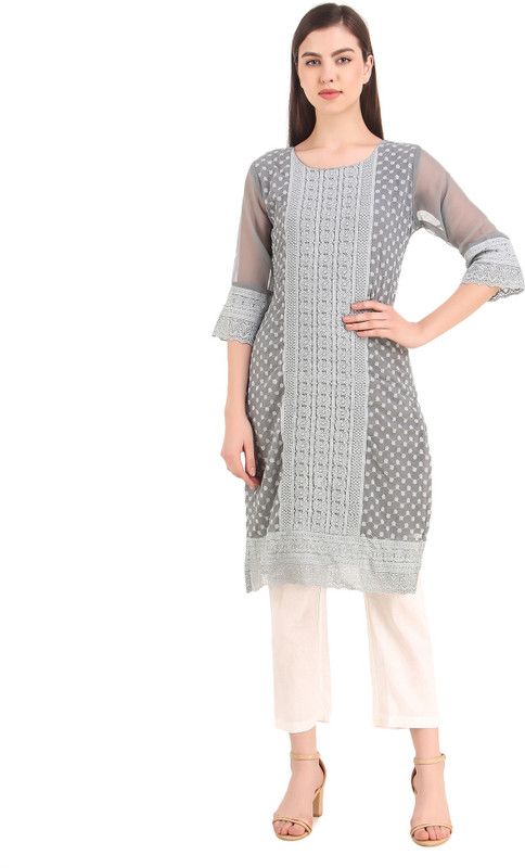 Women Chikan Embroidery Georgette Straight Kurta  (Grey)