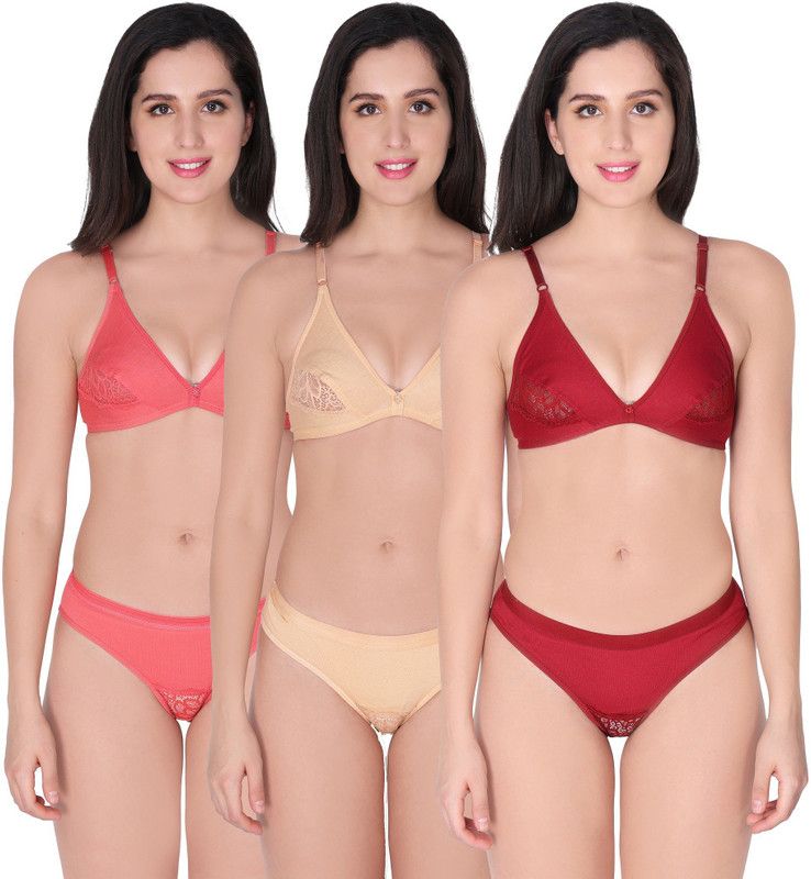 Bra & Panty Set Solid Pink, Beige, Maroon Lingerie Set
