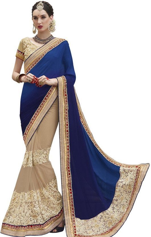 Embroidered Bollywood Cotton Blend Saree  (Dark Blue, Beige)