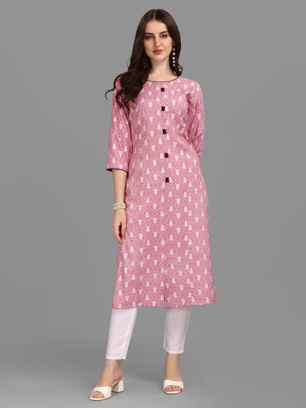 Women Floral Print, Printed Cotton Blend Straight Kurta  (Pink, White)