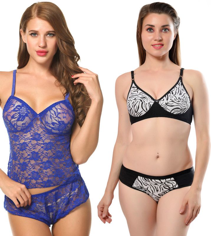 Bra & Panty Set Animal Print Light Blue Lingerie Set