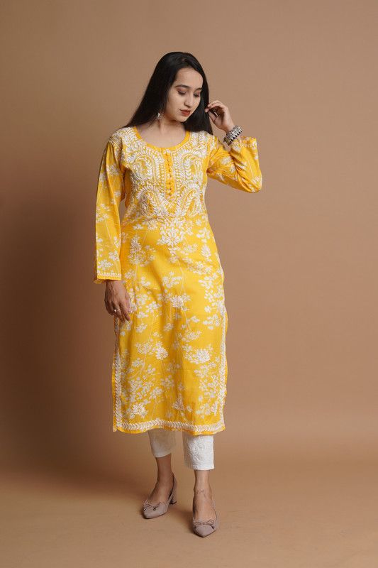 Women Embroidered, Chikan Embroidery Pure Cotton Straight Kurta  (Yellow)