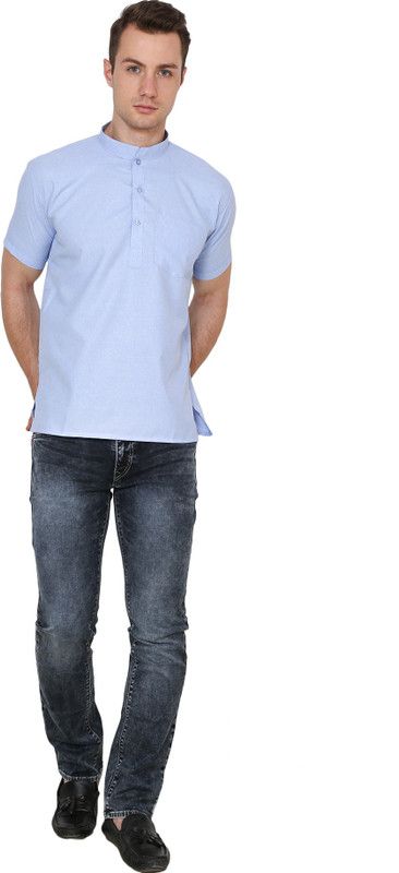 Men Self Design Cotton Blend Straight Kurta  (Light Blue)