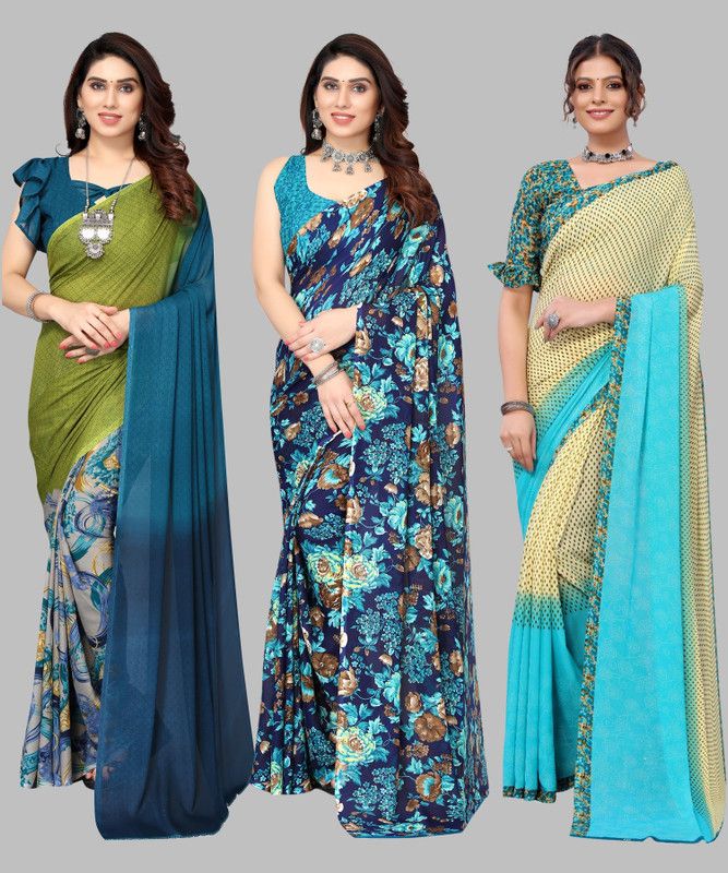 Printed Daily Wear Georgette Saree  (Pack of 3, Dark Green, Blue, Light Green)