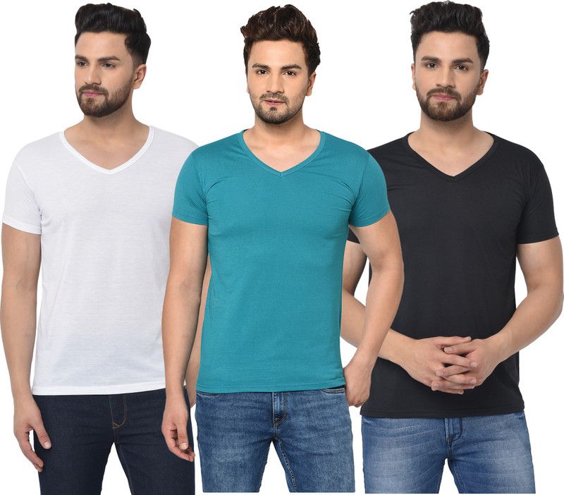 Pack of 3 V neck Combo T-shirts Multicolor Men Solid V Neck Cotton Blend Light Blue, White, Black T-Shirt