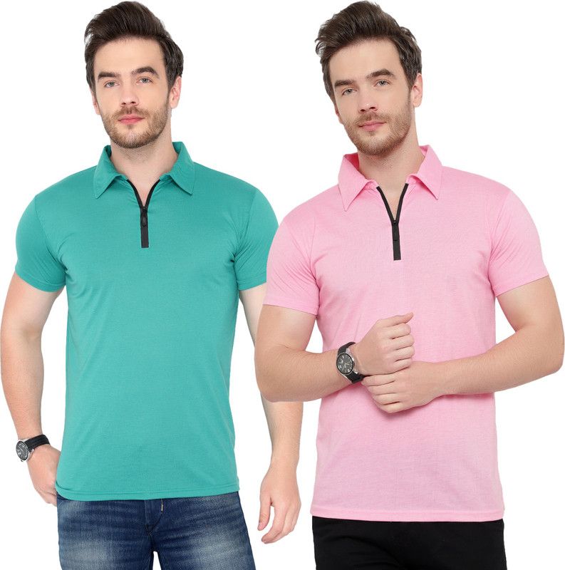 Pack of 2 Men Solid Polo Neck Cotton Blend Pink, Light Green T-Shirt